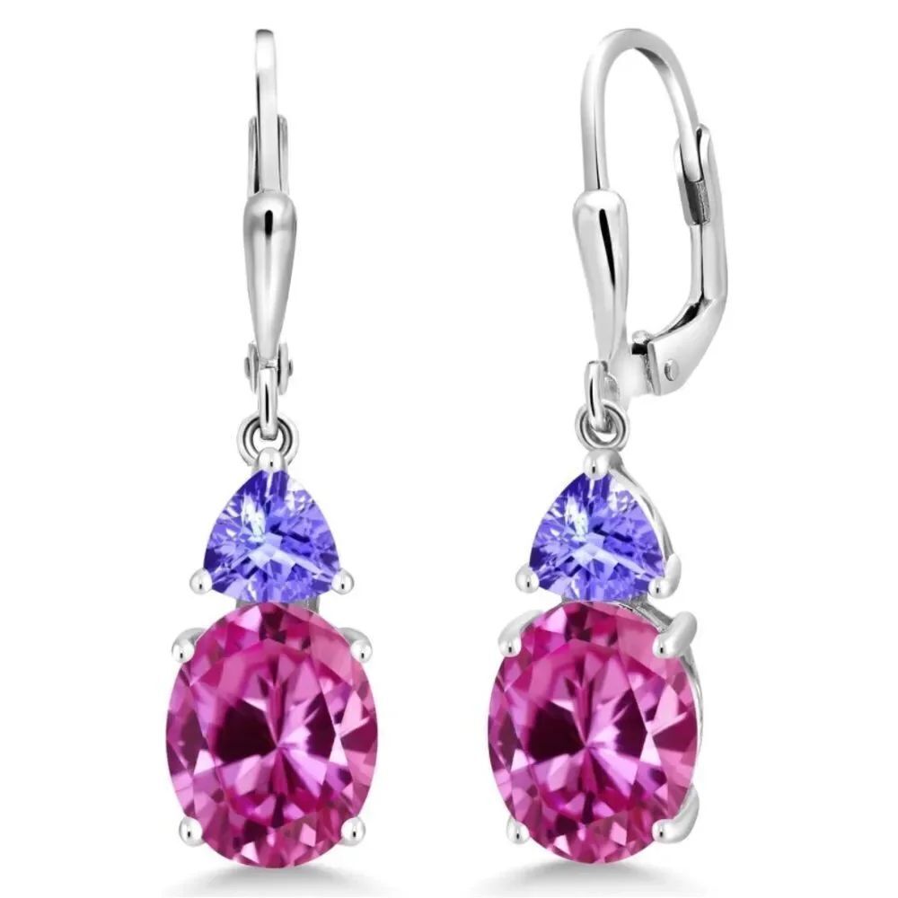 925 Sterling Silver with 7.30 Cttw Pink Sapphire and Tanzanite Drop Earrings